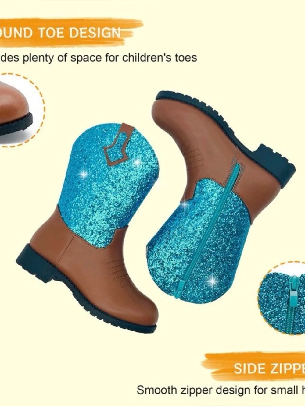 Sparkly Girls Cowboy Boots Mid Calf Glitter Boots Western Cowboy Booties Y7